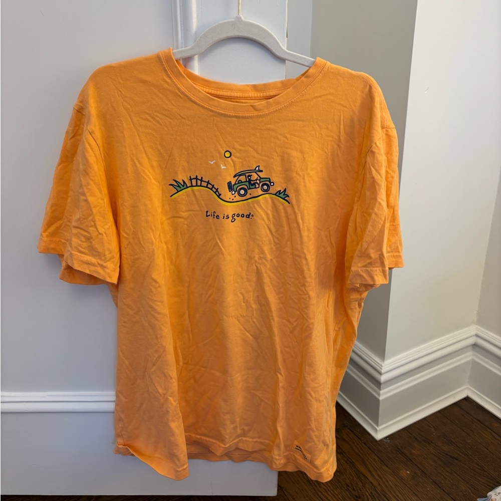 Life Is‎ Good Orange Short Sleeve Tee with Jeep Graphic